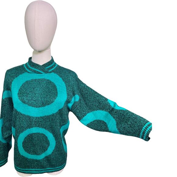 Vintage Knitwaves USA Teal Black Circle Pattern Sweater 80s Retro Acrylic - Picture 3 of 7